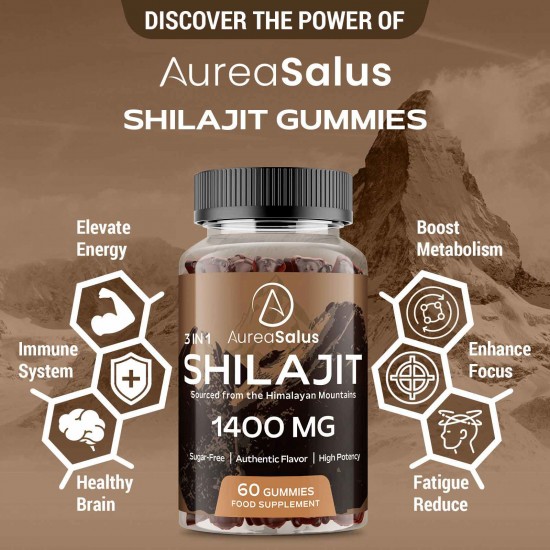 AureaSalus Shilajit Gummies con Chaga e Ashwagandha, 1400mg 60 Gomme