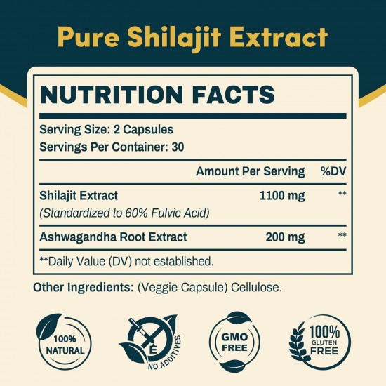 Solavica Shilajit Cápsulas con Ashwagandha, 1300mg por porción 60 Cápsulas