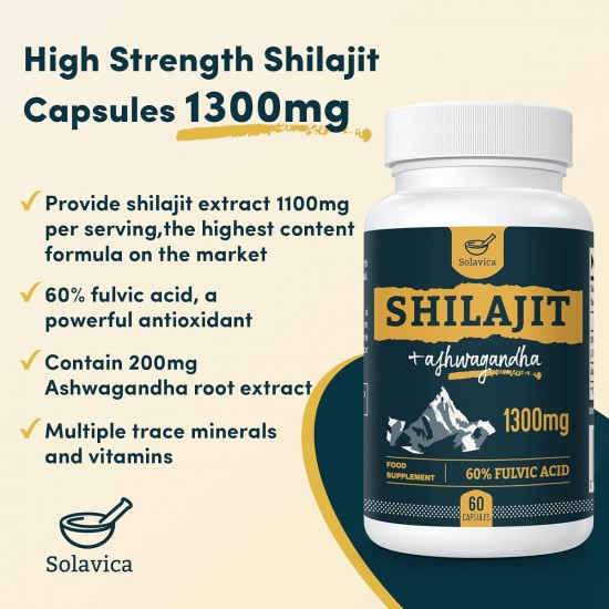 Solavica Shilajit Cápsulas con Ashwagandha, 1300mg por porción 60 Cápsulas