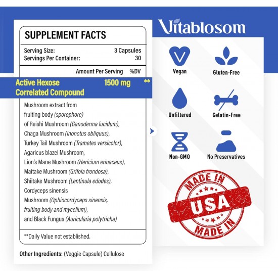 Vitablosom Active Hexose Correlated Compound Natürliche Pilzergänzung 1500mg, 90 Kapseln